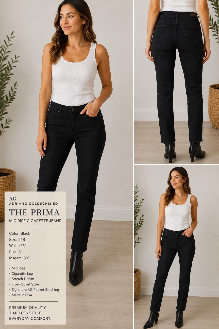 AG Adriano Goldschmied The Prima Black Mid Rise Cigarette Jeans 26R Stretch